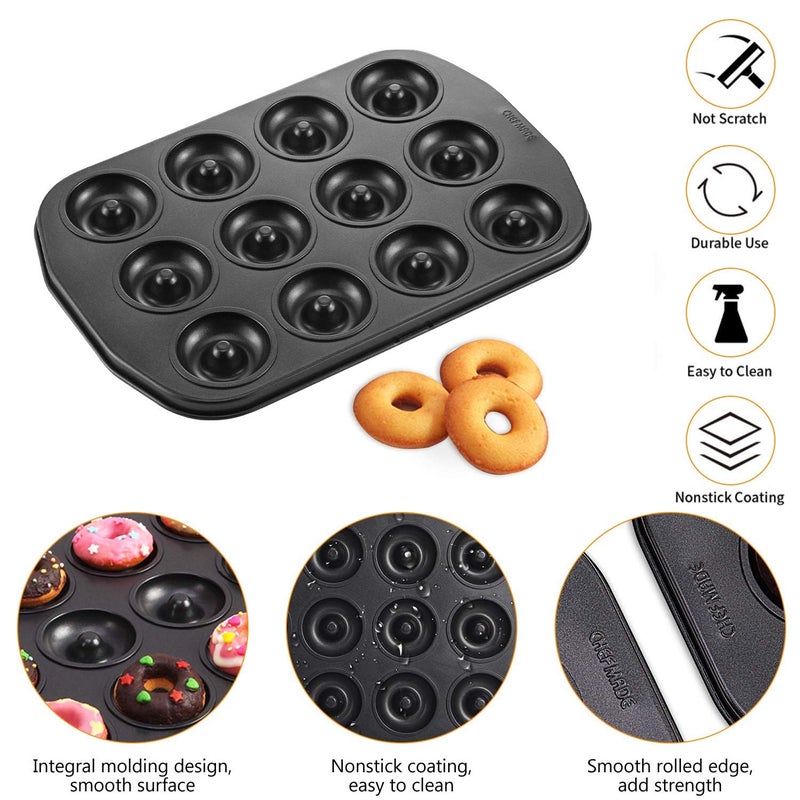 CHEFMADE Mini Donut Baking Pans, Non-Stick 12-Cavity Donut Pan, Carbon Steel Cake Baking Pan - BPA Free Mini Bagel Pan, Oven, Microwave, Freezer Safe - Image 3